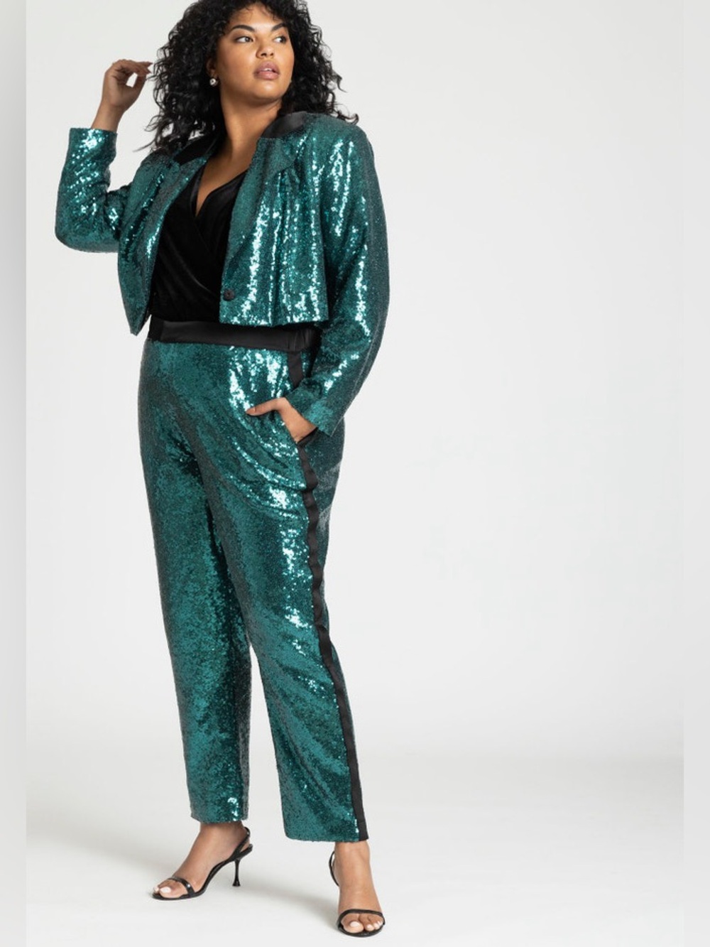 Eloquii Verdant green sequin two-piece suit